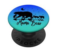 Black color Mama Bear and Three Cubs On Turquoise Teal Blue PopSockets Adhesive PopGrip