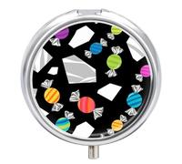 Black Colorful Candy Pill Box 3-Compartment Travel Pill Organizer Portable Round Medicine Case with Mirror Design for Vitamins, Jewelry & Essentials Durable Pocket Pillbox for Purse, Camping