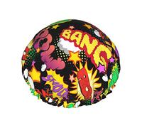 Black Comic Book Explosion Shower Cap Waterproof Luxury Shower Caps for Women Reusable Bath Hair Cap Fashion Shower Hat with Elastic Easy to Wear