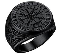 Black Compass Rings for Men Nordic Jewellery Stainless Steel Runic Vegvisir Talisman Ring Viking Finger Charm Size Z+3
