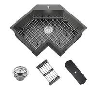 Black Corner Kitchen Sink, 25In Stainless Steel Drop In Sink Stylish and Modern Topmount Sink With Bottom Grid,Silicon Mat,Colander And Drain Assembly Nice Solution For Kitchen And Bar Corner