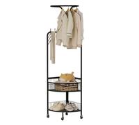 Black Corner Metal Rolling Coat Rack Stand with Sto Basket and Hoo Freestanding Hall Tree for Hats and Coats Entryway for Hallway
