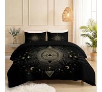 Black Cot-bed Brushed Microfiber Duvet Cover 2 pcs, 1 Gothic Dark Soft Quilt Cover 120 x 150 cm with 1 Pillowcase 50x75cm, All Seeing Eye Lines Moon Reversible Bedding Sets with Zipper Closure
