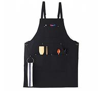 Black Cotton Aprons for Men & Women - 4 Pocket, Adjustable Strap Chef Apron for Cooking, Baking, BBQ, Cafe, Gardening