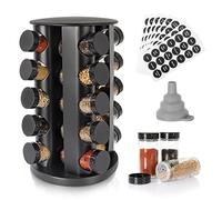 Black Countertop Rotating Spice Rack, Round Empty 20-Jars Revolving Spice Rack Organizer, 135 Spice Labels with Funnel Complete Set, for Kitchen Countertop, Cabinet