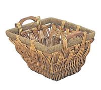 Black Country Metal Works Square Wicker Fire Side Log Basket in Traditional Light Brown Finish - With Wooden Handles