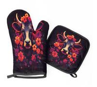 Black Cow Cattle Red Flowers Oven Mitts & Pot Holders BBQ Gloves, Heat Resistant Kitchen Oven Gloves Hot Pads for Cooking Baking Grilling