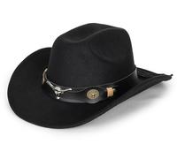 Black Cowboy Cowgirl Hat for Women Men Western Style Wide Brim Felt Fedora Panama Hat with Detachable Belt Buckle, Black-bull Head, 7.25