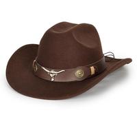 Black Cowboy Cowgirl Hat for Women Men Western Style Wide Brim Felt Fedora Panama Hat with Detachable Belt Buckle, Coffee-bull Head, 7.25