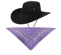 Black Cowboy Hat and Lilac Bandana Western Sun Cap Faux Felt Leather Suede Fancy Dress Party Costume Outfit Neckscarf Sun Protection Mens Womens