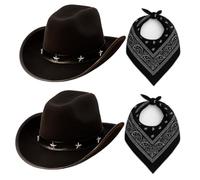 Black Cowboy Hat with Star Studded Design and Black Paisley Bandana Set - 2 Pack - Western Fancy Dress Costume Accessories for Adults & Kids - Rodeo, Wild West, Halloween & Party Wear