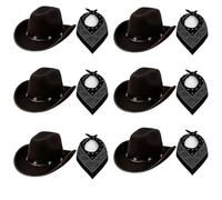 Black Cowboy Hat with Star Studded Design and Black Paisley Bandana Set - 6 Pack - Western Fancy Dress Costume Accessories for Adults & Kids - Rodeo, Wild West, Halloween & Party Wear