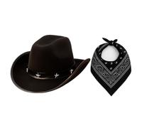 Black Cowboy Hat with Star Studded Design and Black Paisley Bandana Set - Western Fancy Dress Costume Accessories for Adults & Kids - Rodeo, Wild West, Halloween & Party Wear