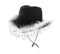 Black Cowgirl Hat with Sparkling Diamantés and Fluffy Marabou Trim - Glam Western Fancy Dress Accessory for Hen Parties, Festivals, Rodeos and Themed Nights Out