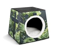 Black Cross Among Green Flowers Cat Bed for Indoor Cats - Foldable Cat & Dog House with Removable Cozy Cushion, Waterproof Oxford Washable Pet House for Small Pets 13.8" X 13.8" X 11.8"