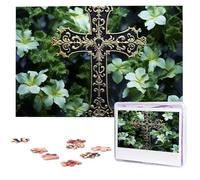 Black Cross Among Green Flowers Puzzles 1000 Pieces Wooden Jigsaw Puzzle Personalized Picture Puzzles Family Decoration Photo Puzzle for Adults (29.5" x 19.7")
