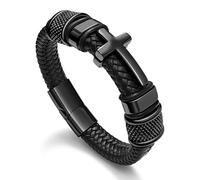 Black Cross Cuff Bracelet for Men, Philippians 4:13 Stainless Steel Braided Leather Bible Verse Jesus Bracelets Inspirational Faith Gift for Dad Brother Son Religious Baptism Confirmation Gifts, 7.5