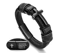 Black Cross Cuff Bracelet for Men, Philippians 4:13 Stainless Steel Braided Leather Bible Verse Jesus Bracelets Inspirational Faith Gift for Dad Brother Son Religious Baptism Confirmation Gifts, 8.3