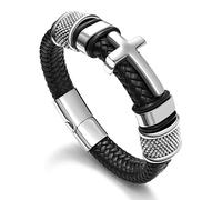 Black Cross Cuff Bracelet for Men, Philippians 4:13 Stainless Steel Braided Leather Bible Verse Jesus Bracelets Inspirational Faith Gift for Dad Brother Son Religious Baptism Confirmation Gifts, 8.3