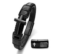 Black Cross Cuff Bracelet for Men,Stainless Steel Braided Leather Bible Verse Bracelet with Joshua 1:9 Inspirational Faith Gift for Dad,Brother,Son,family,Religious Baptism and Confirmation Gifts, 8.3