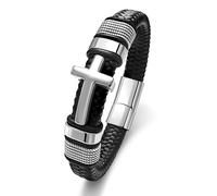 Black Cross Cuff Bracelet for Men,Stainless Steel Braided Leather Bible Verse Bracelet with Joshua 1:9 Inspirational Faith Gift for Dad,Brother,Son,family,Religious Baptism and Confirmation Gifts, 8.3