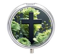 Black Cross Pill Box Among Green Flowers, Cute Round Pill Organizer Small Portable with 3 Compartments, Metal Travel Case for Pocket or Purse, Pill Box