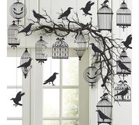 Black Crow and Cage Decoration Garland for Gothic Birthday Party Summerween Halloween Indoor Hanging Raven Decor Black Crow Decoration Haunted Mansion Decor Garland Horror Birthday Supplies