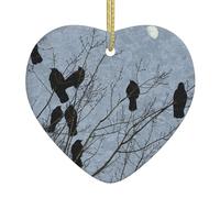 Black Crow Birds Christmas Ceramic Heart Ornament,Double-Sided Printed White Porcelain Hanging Decoration With Gold String For Xmas Tree,Home,Shop,Holiday Decor