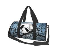 Black Crow Birds Large Round Travel Duffle Bag, Full-Print Canvas Weekender with Padded Lining, Multiple Pockets,Detachable Shoulder Strap and Soft Leather Handles