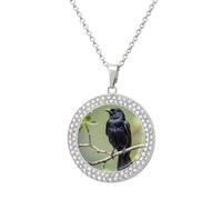 Black Crow Birds on A Branch Diamond Necklace for Women Alloy 19.7" Cable Chain 1.3" Round Pendant Necklaces Romantic Memorial Necklace for Couple Friendship Daily Wear Valentines Jewelry Gifts, One