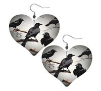 Black Crow Birds on a branch Leather Earrings for Women Heart Earring Lightweight Dangle Drop Earring Set Jewelry Gift