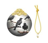 Black Crow Birds on a branch Print Christmas Metal buckle Glass round pendant Ornaments, 2025 Xmas Tree Decoration