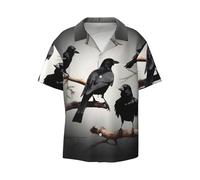 Black Crow Birds On A Branch Print Stylish Men's Casual Shirts,Short Sleeve Dress Shirts for Men,Polyester Button Down Shirts, Black, Medium