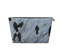 Black Crow Birds Printed Leather Travel Toiletry Makeup Bag with Silver Zipper for Women on the Go