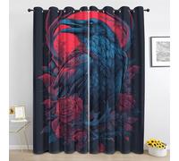 Black Crow Blackout Curtains for Bedroom, Red Rose Raven Curtain 84 Inch Drop 2 Panels, Dark Gothic Curtain for Living Room, Window Curtains with Eyelet Ug300