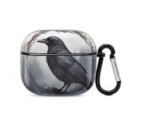 Black Crow Bluetooth Earbuds Case Cover Full Body Shockproof Protection Hard Case Support Wireless Charging with Keychain Personalized Gift for AirPods 3