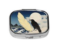 Black Crow Moon Print Round Square Pill Case Travel Pill Box with 2 Compartments Pocket Wallet Portable Oil Storage Box