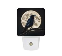 Black Crow on Full Moon Night Lights Plug Into Wall, LED Nightlights Auto On/Off Dusk to Dawn Sensor, Energy Efficient Night Lamp Soft Glow for Hallway Bedroom Bathroom Kitchen, 0.5W