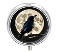 Black Crow on Full Moon Pill Box - 3 Compartment Travel Pill Organizer with Small Mirror, Portable Pillcase for Pocket & Purse, Cute Round Medicine Case, Weekly Medicine Container