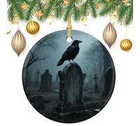 Black Crow on Tombstone Ceramic Christmas Ornaments 3 Inch Vintage Hanging Baubles with Gold String for Xmas Tree Decorations Holiday Party Yard Garden Home Decor Festive Keepsake Gift Exchange