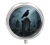 Black Crow on Tombstone Metal Pill Organizer, 3 Compartment Waterproof Pill Case with Mirror for Purse Pocket Bag, Daily Medicine Vitamin Holder, Portable Travel Med Container(Round)