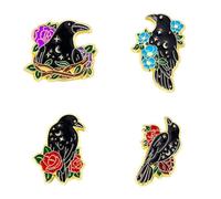 Black Crow Pins Set Cute Christmas Kawaii Bird Backpack Brooch Pins Rose Flower Lapel Pin Aesthetic Badges for Women Men Clothing Bags Art Lapel Jackets Hats DIY Accessories Gift Present
