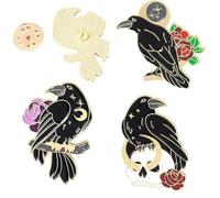 Black Crow Raven Pin Badge Gothic Pagan Halloween Brooch Skull Witchy Goth Dark Lapel Bag Jacket Lanyard Gift Bird Witchcraft Occult Rose Roses Moon Mystic Magic (Crow + Red Roses)