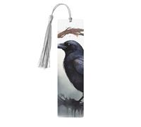 Black Crow Wooden Bookmarks 5 Pcs,Handmade Double-Sided Printed Book Marks Page Markers with Gray Tassels Book Accessories Gift for Book Lovers Women Men