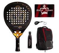 Black Crown | Padel Racket Pack Patron Gold | 12K Carbon and EVA Rubber 3XPlay with Vibralow System | Includes Red Raptor Backpack, Bottle and Keychain | Power, Control and Comfort for Advanced