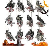 Black Crows Decor, Black Crow Decorations,24X Wooden Raven Tree Topper | Raven Skull Flower Tree Topper, Halloween Tree Decor with Rope for Haunted House