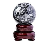 Black Crystal Ball Sphere Ornament with Stand Rare Crystals and Gemstones for Collecting, and White Geode Gift Rock and Decor,50~55mm Gemstone Stone
