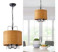 Black Crystal Chaners 17.7" Modern Large Chaners with Rattan Shade 3 Lights Ceiling Pendant Light Fixtures Luxury Raindrop for Living Room Dining Room Bedroom Foyer