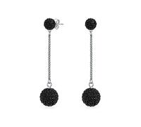 Black Crystal Pave Round Double Disco Ball Drop Linear Prom Chandelier Dangle Earrings For Women .925 Sterling Silver