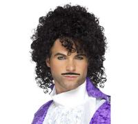 Black Curly Celebrity Wig n Moustache Kit Prince Pop King Fancy Dress Accessory